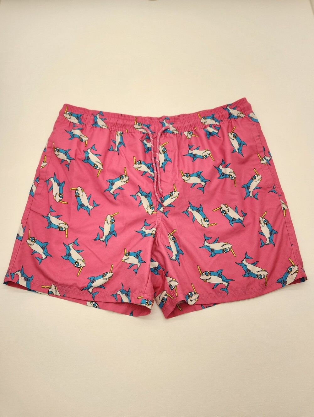 No Boundaries Pink Shark Snorkel Swim Trunks Men's L (36-38) Mesh Lined Beach